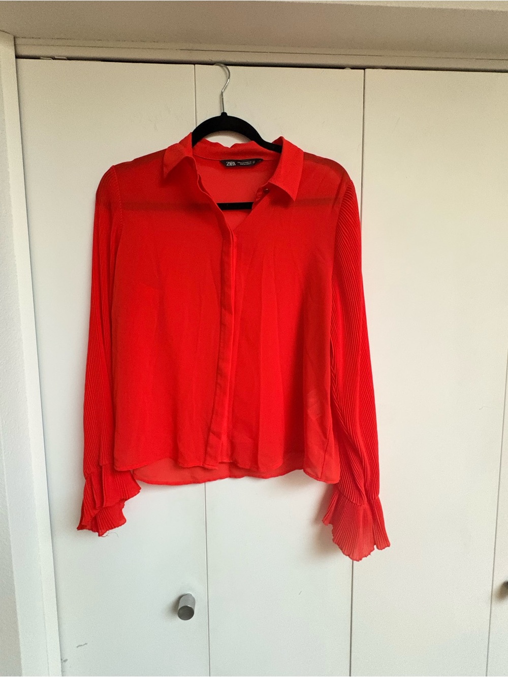Zara Bright Red Pleated-Sleeve Button-Front Blouse